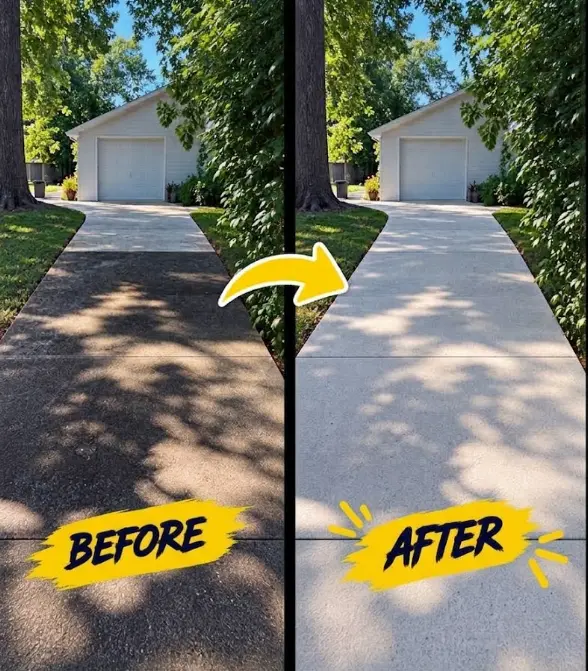 Before and after pressure washing of a residential driveway