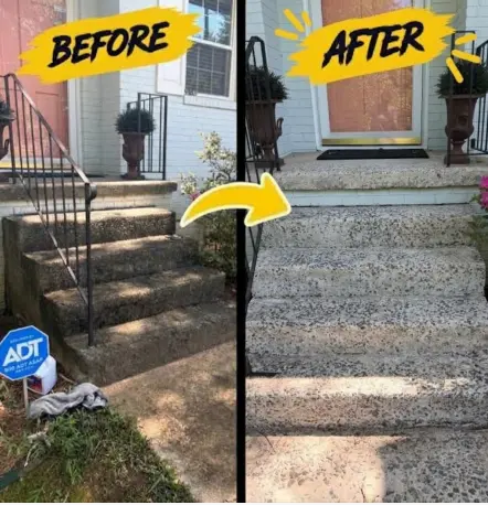 Before and after pressure washing of concrete front steps